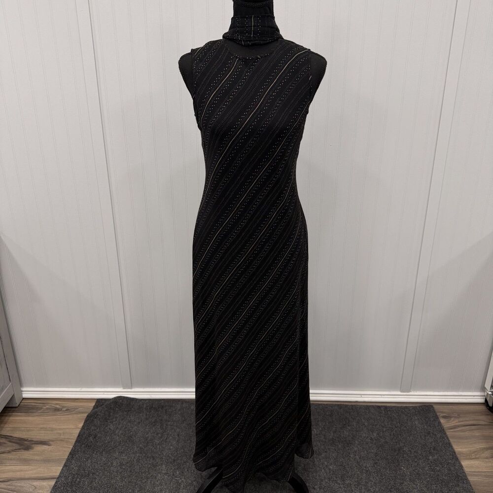 VTG Ann Taylor Sz 2 Black 100% Silk Maxi Dress w/ Chiffon Scarf 90s Whimsigoth